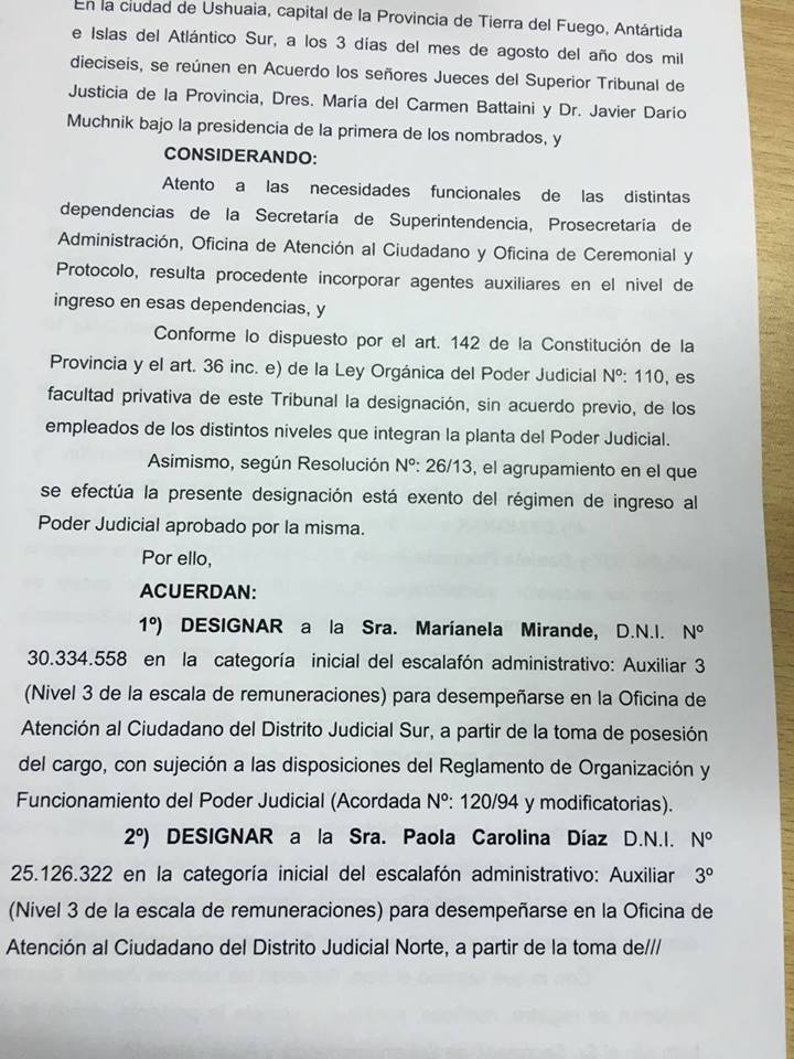 La acordada 75/2016 que designa a la hermana del Ministro Gastón Díaz en el Poder Judicial pese a haber desaprobado el concurso.