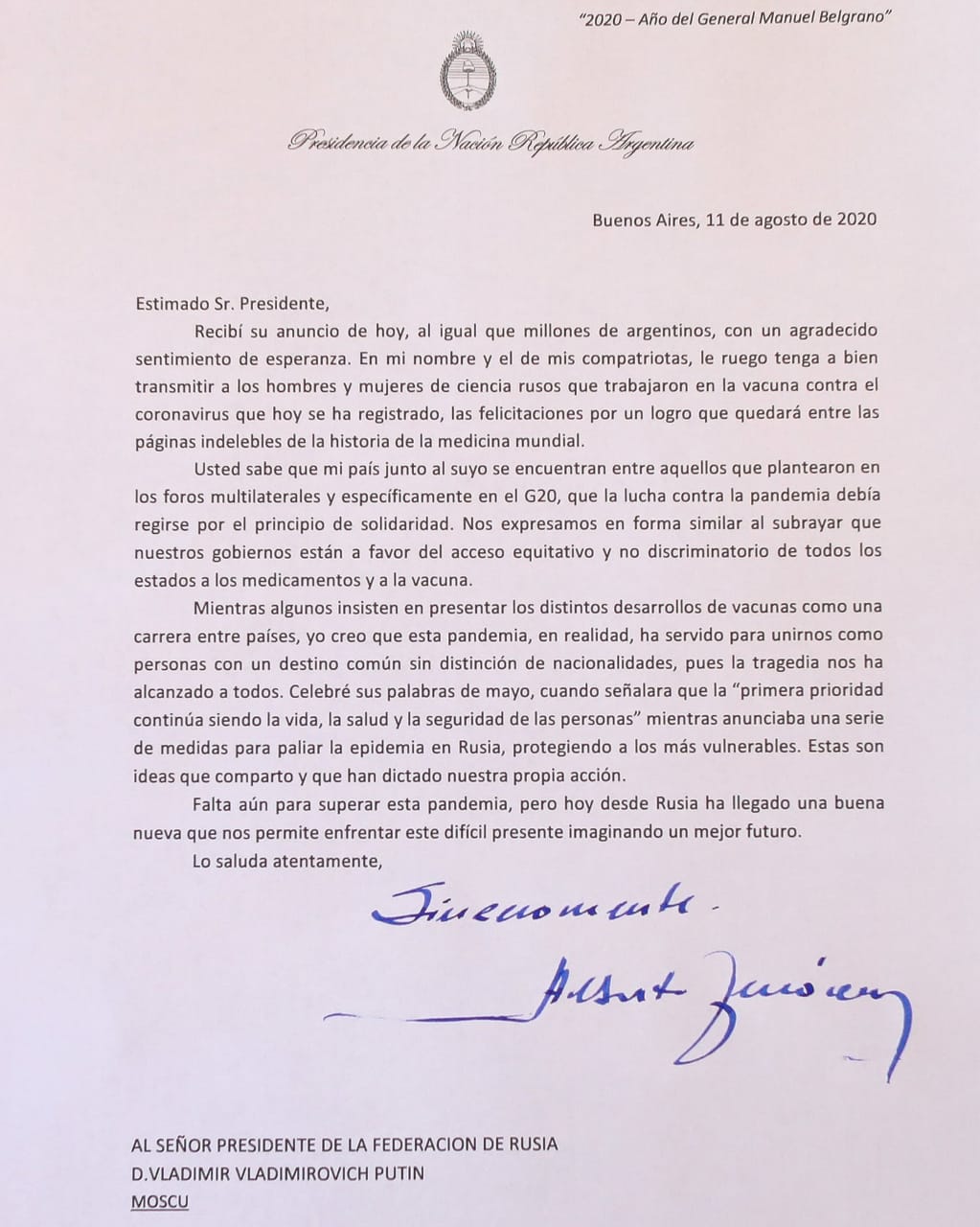 carta Alberto a Putin